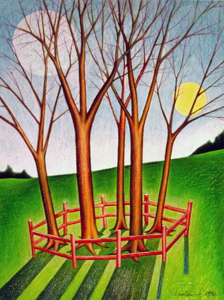 oil pastel on paper, "Fenced Trees" by Henry Loustau